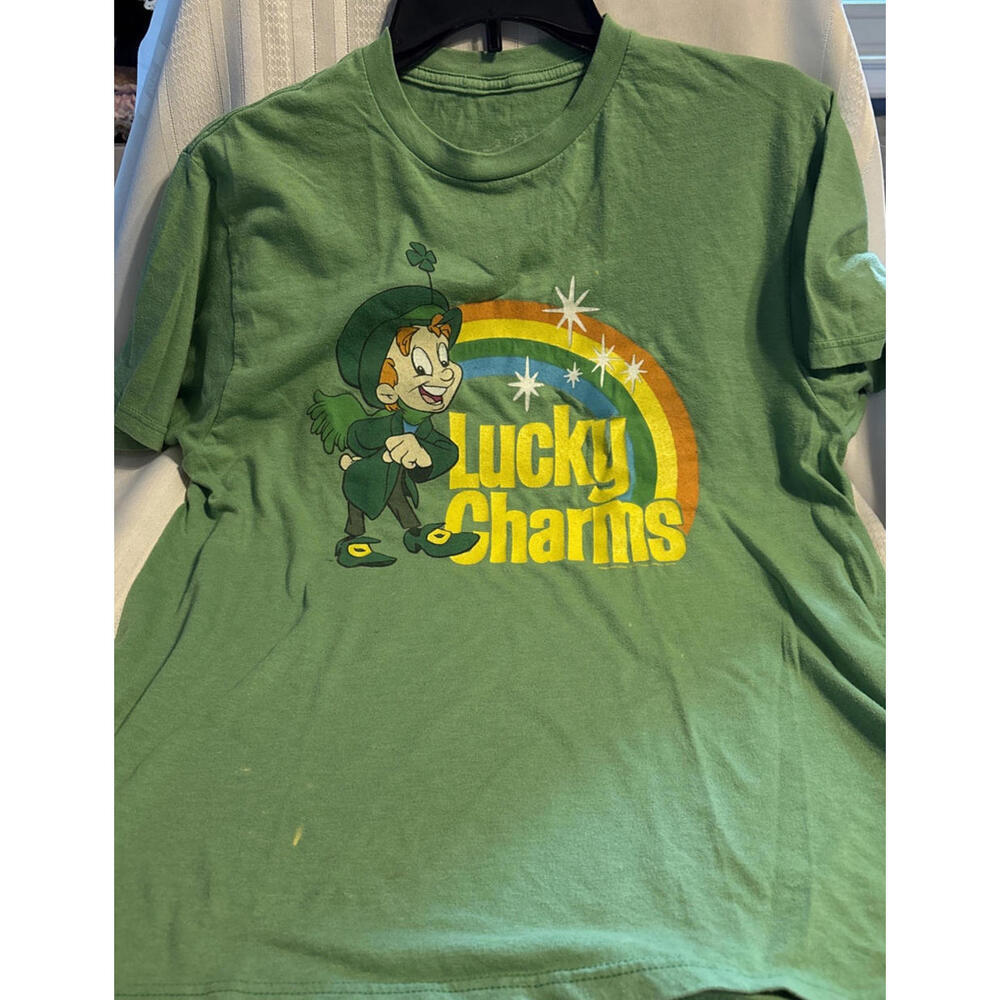 Vintage Lucky Charms Cereal Leprechaun Green Short Sleeve T-Shirt Size M Tee Luv